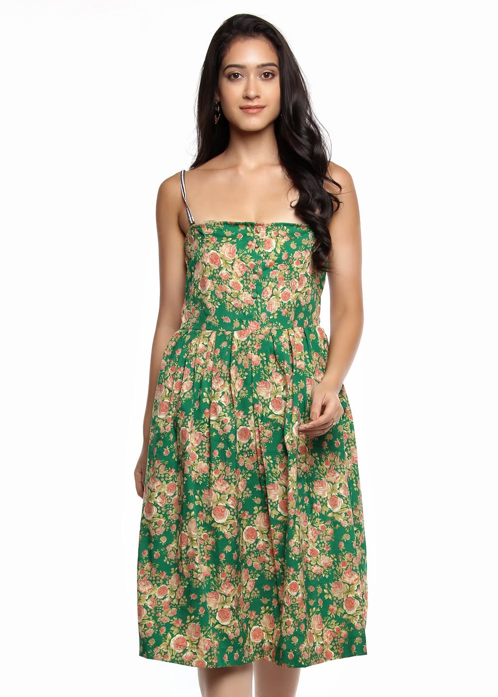 Get Green Floral Printed Pleated Yoke Detail Empire Dress at ₹ 1600 ...