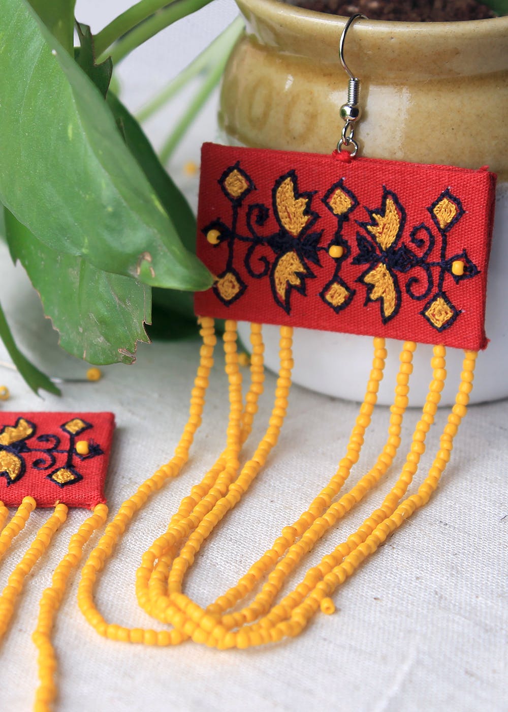 Bead Detail Embroidered Drop Earrings