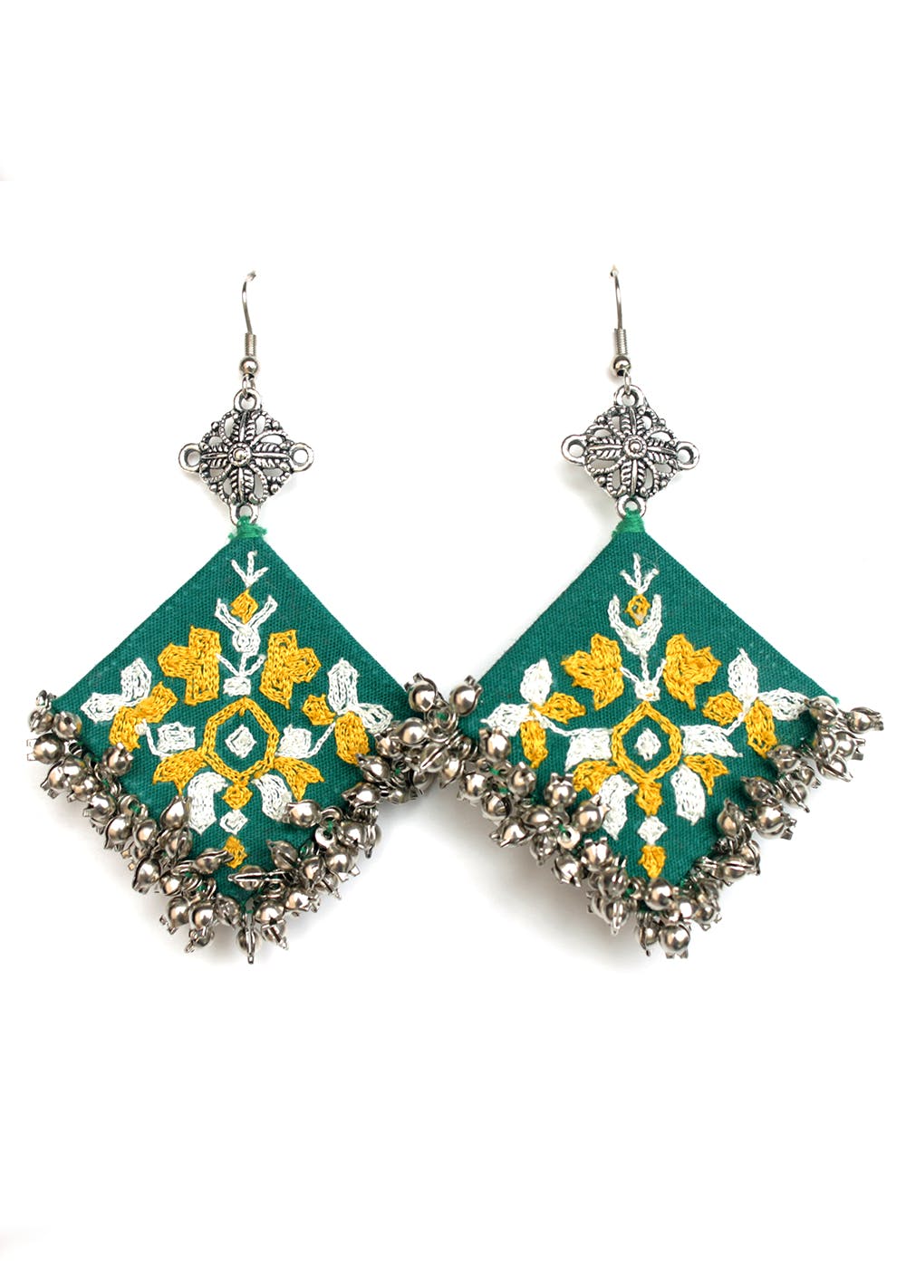 Ghungroo Embellished Embroidered Drop Earrings - Green