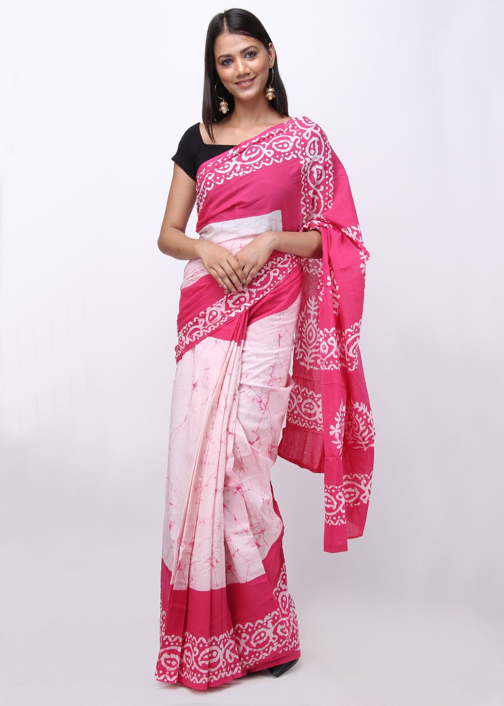 Batik Motif Printed Pink Saree