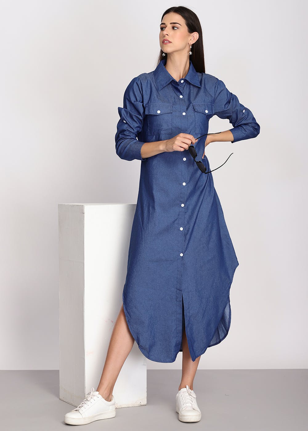 Get Long Denim Blue Shirt Dress at ₹ 1049 | LBB Shop