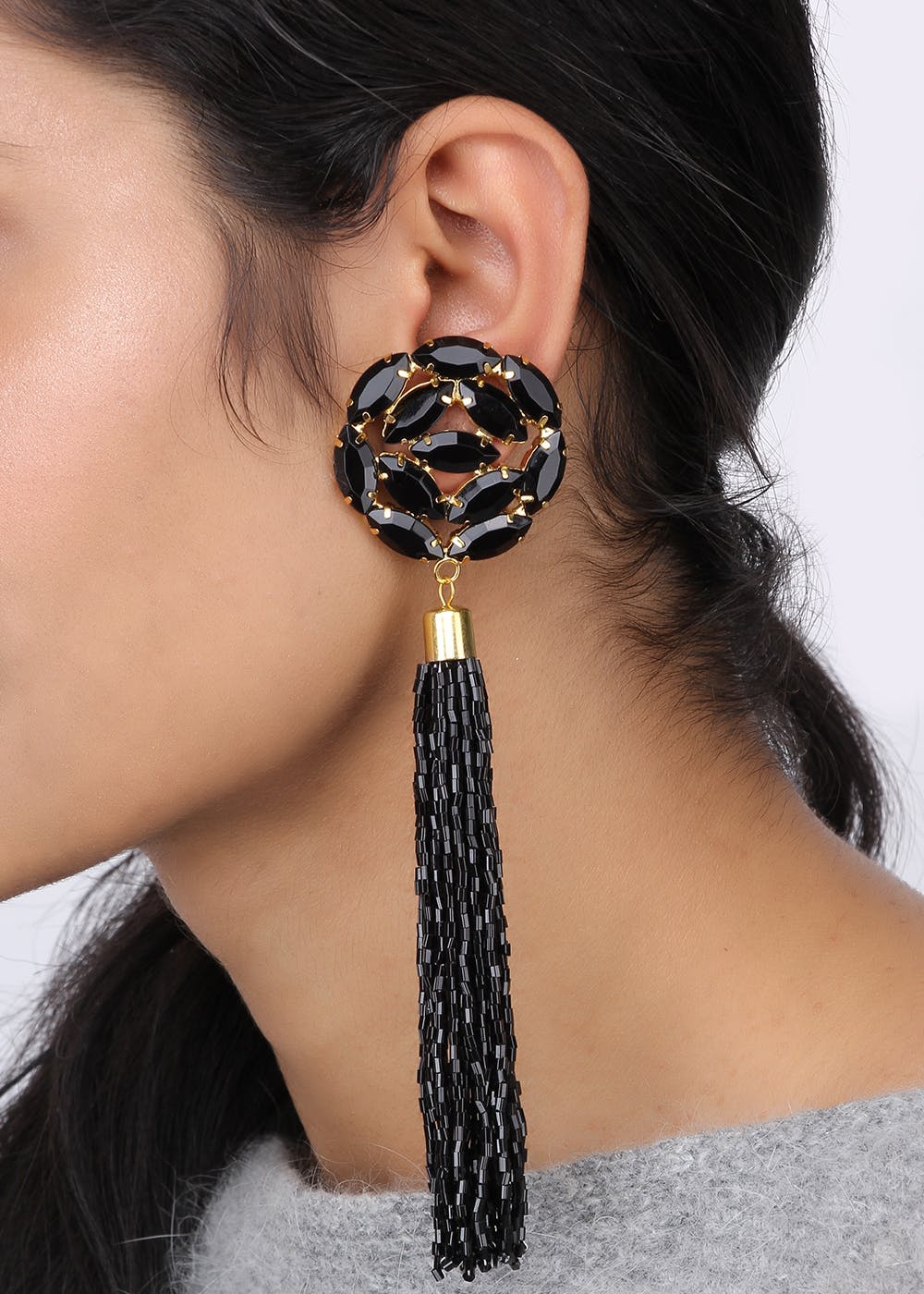 Handmade Korean Stone Tasseled Earrings - Black