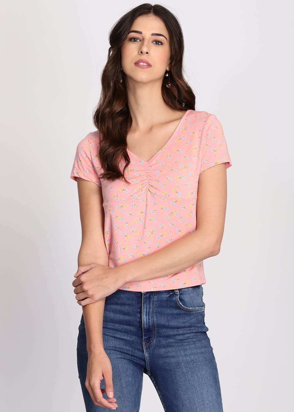 Get V Neck Floral Printed Peach Top At Lbb Shop