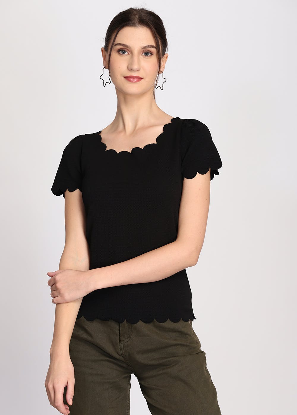 Asymmetric Neck Details Woven Black Top