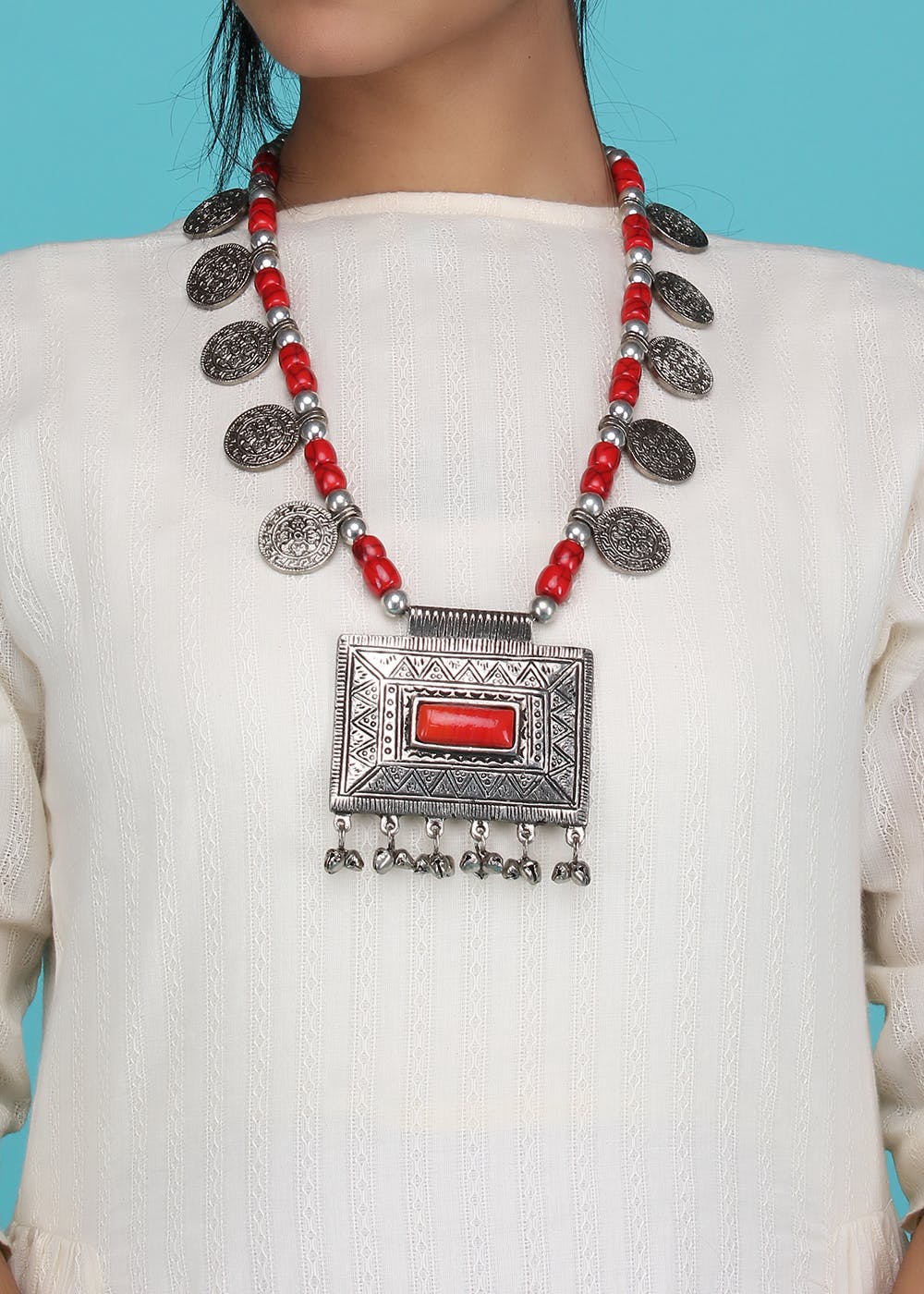 Red Stone Detail Coin Tribal Necklace
