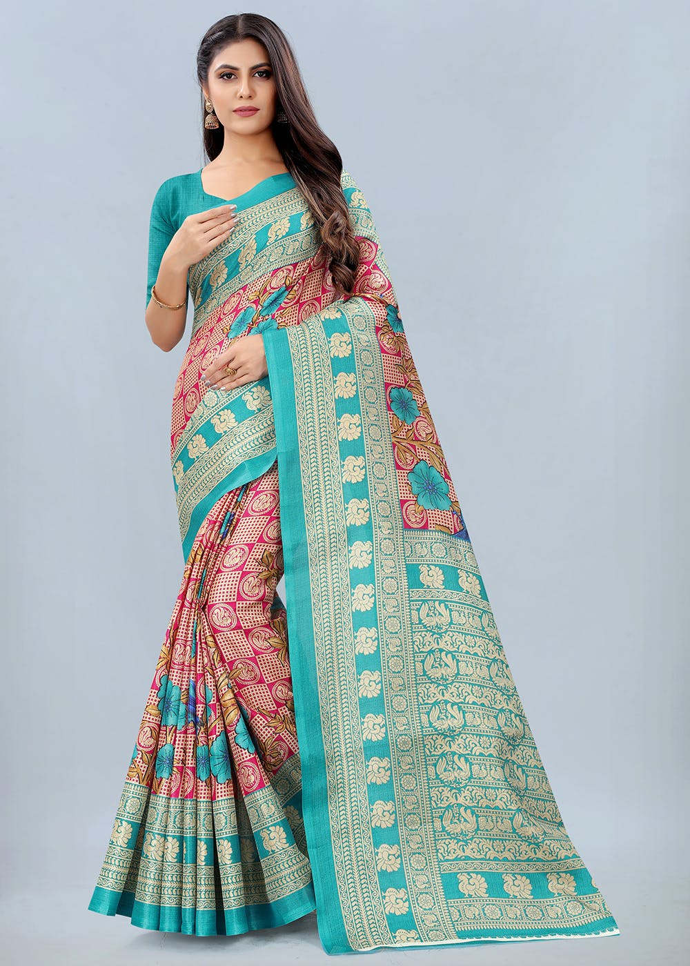 Get Turquoise Soft Tuksar Silk Kalamkari Saree at ₹ 799 | LBB Shop