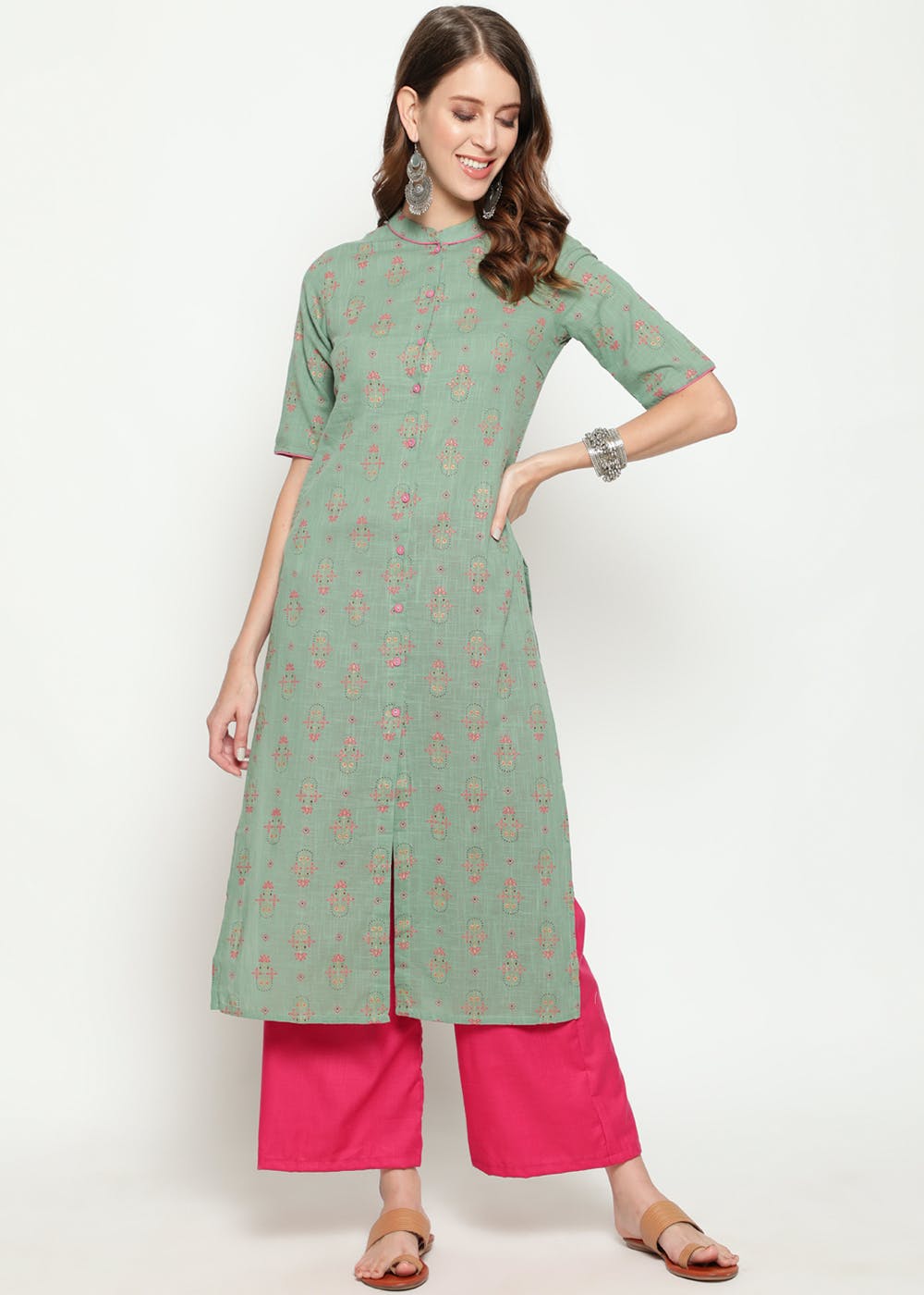 Get Mandarin Collar Woven Design Green Kurta at ₹ 854 | LBB Shop