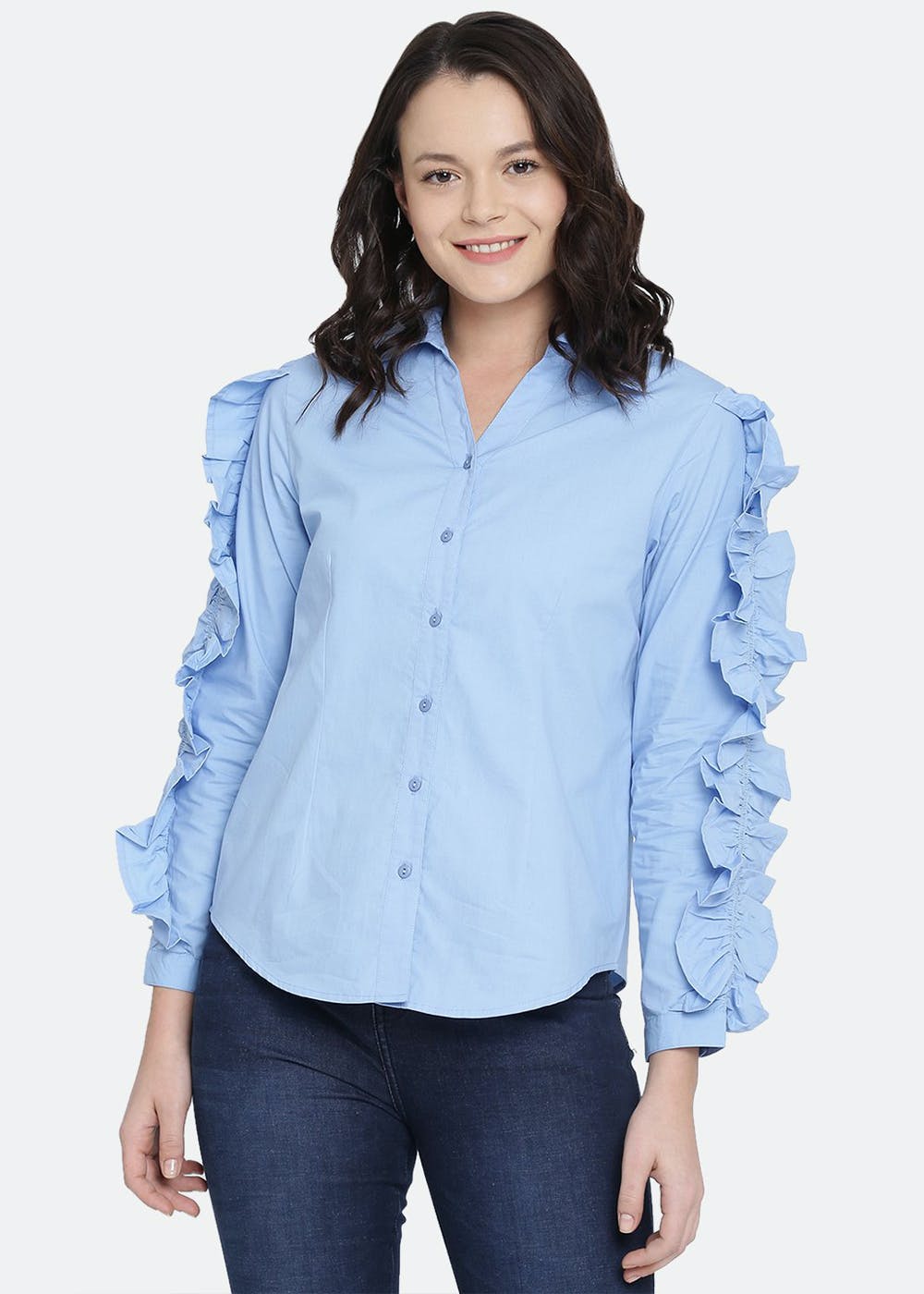 Get Ruffled Sleeve Detail Solid Blue 