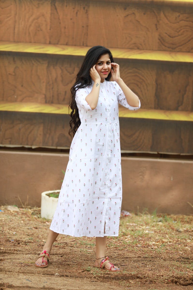 Floral Print White Midi Dress