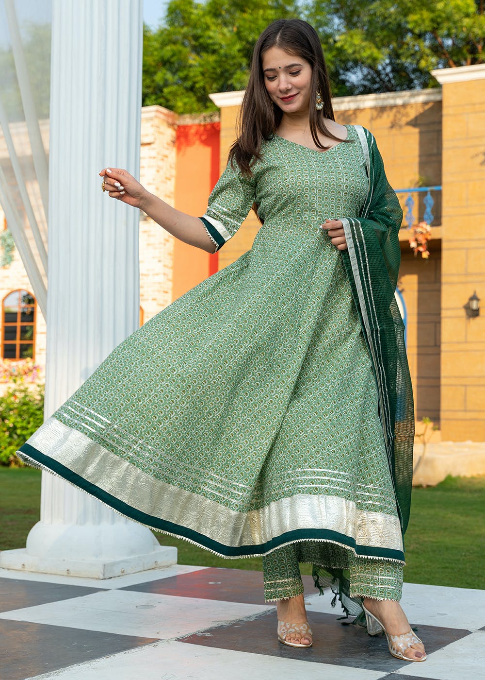 Green Floral Hand Block Printed Kurta Set With Dupatta main image 0