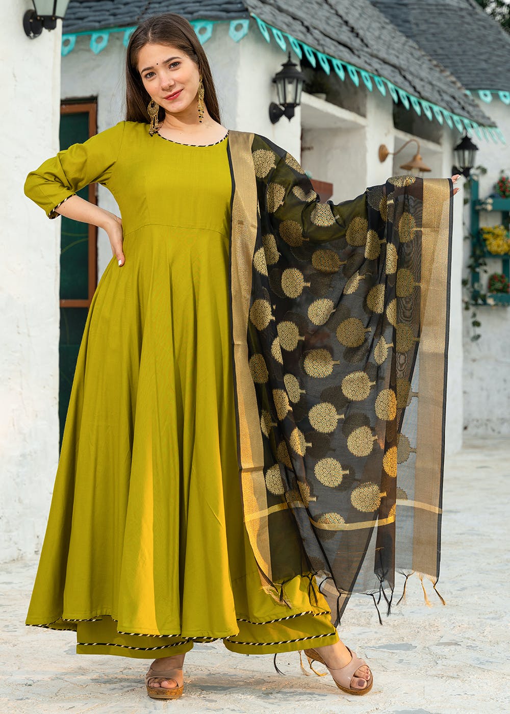 Get Mehendi Green Suit Set with Chanderi Dupatta at ₹ 2099 | LBB Shop