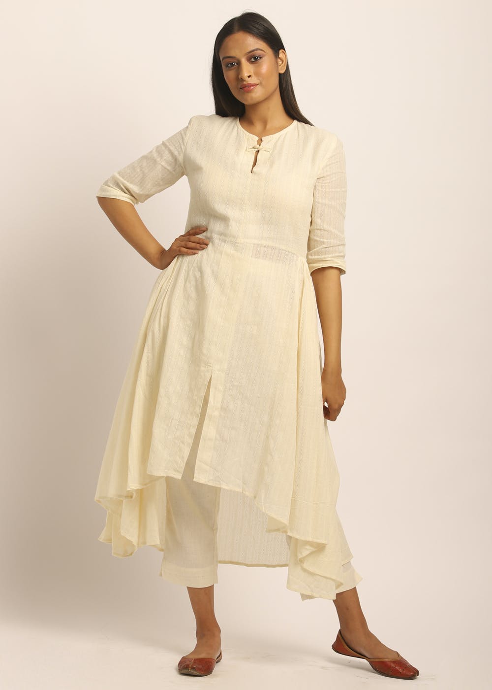 Embroidered Chinon Crepe High Low Kurti in Peach : TUC1299