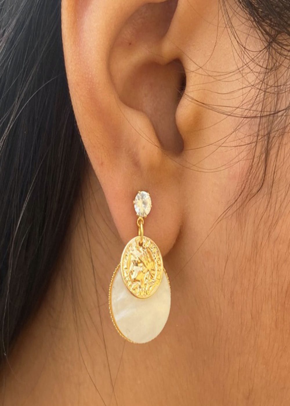 Sterling Silver with 14 Karat Yellow Gold Plating Emperor Coin Hoop Earrings  | Bluestone Jewelry | Lake Tahoe Shopping
