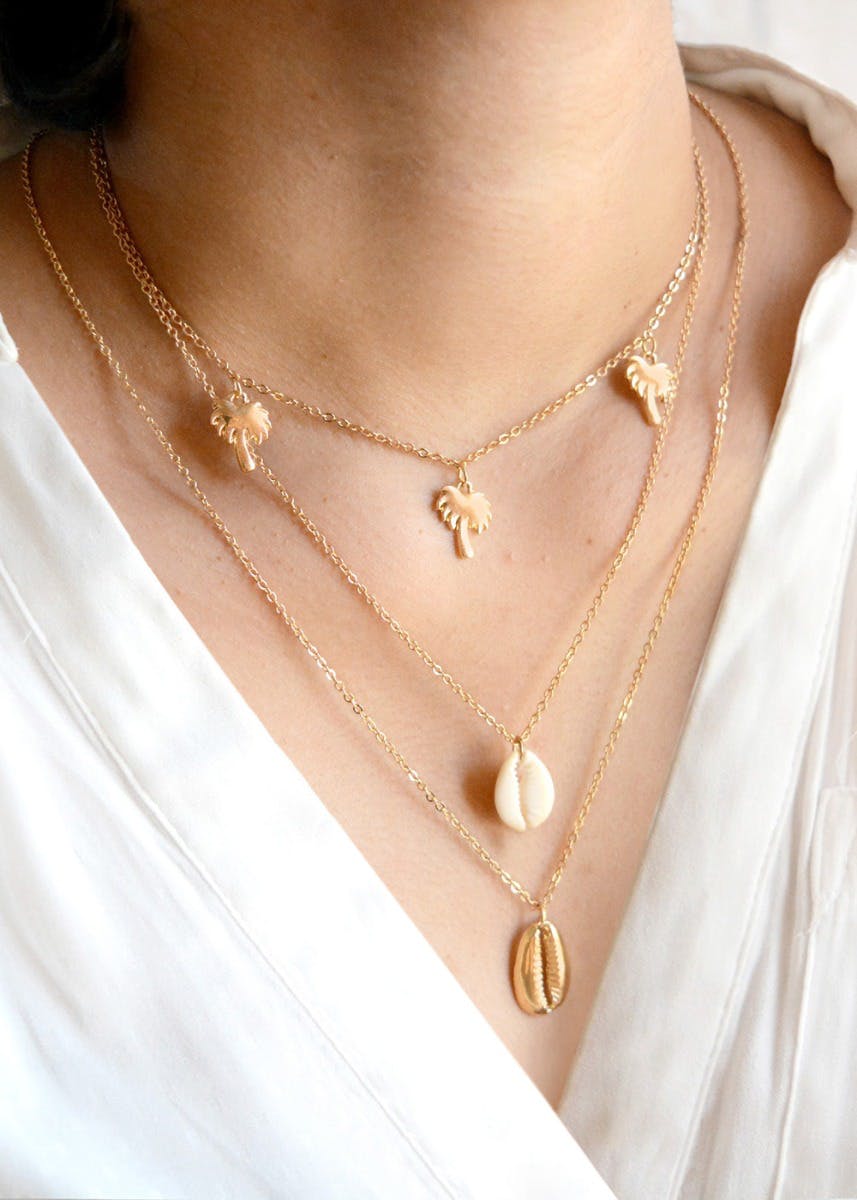Palm Tree & Shell Pendant Layered Necklace