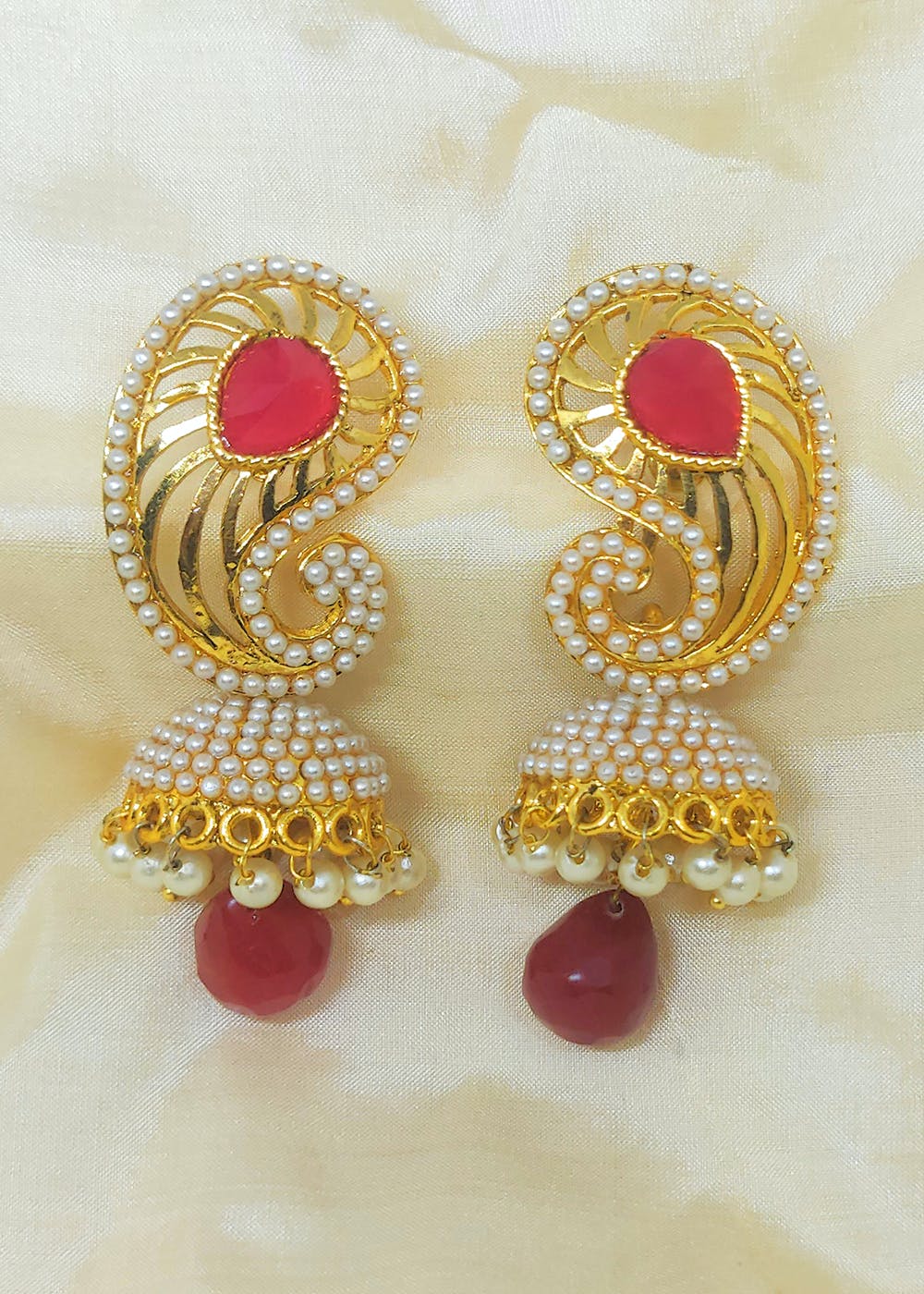 Get Traditional Red Ambi Shape Jhumkas at ₹ 1049 | LBB Shop