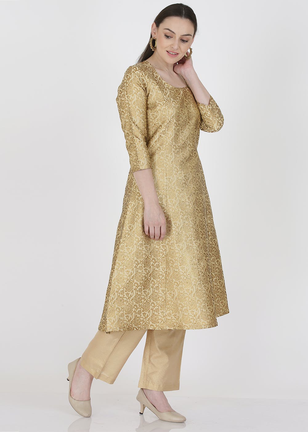 Golden Kurti Online | Buy Plain Golden Kurtis with Embroidery Neck Designs  for Women