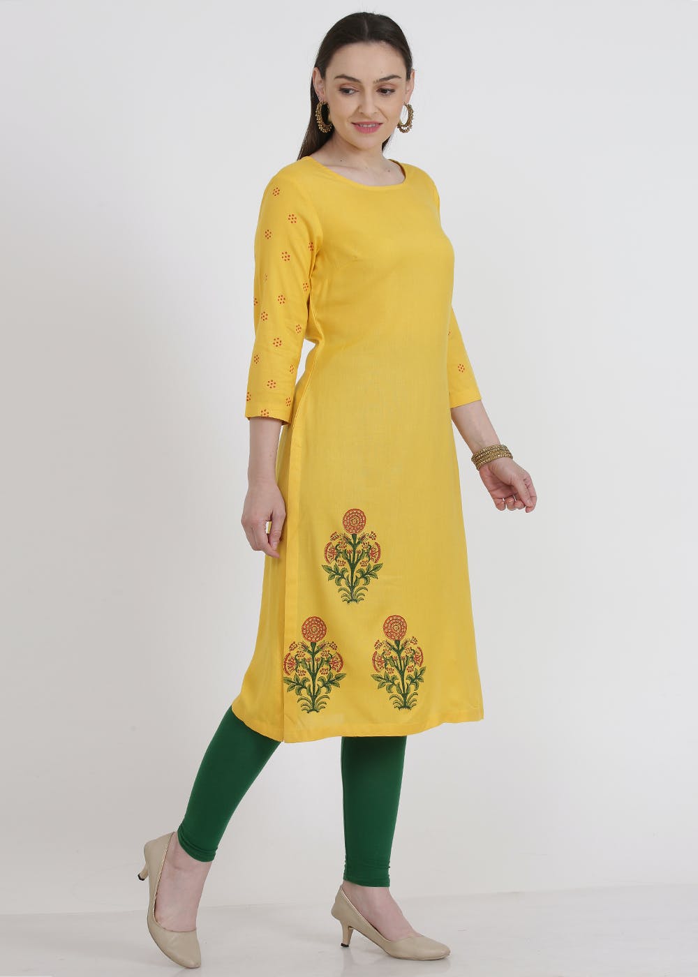 Get Yellow Printed Cotton Kurta With Green Legging at 2000 LBB Shop