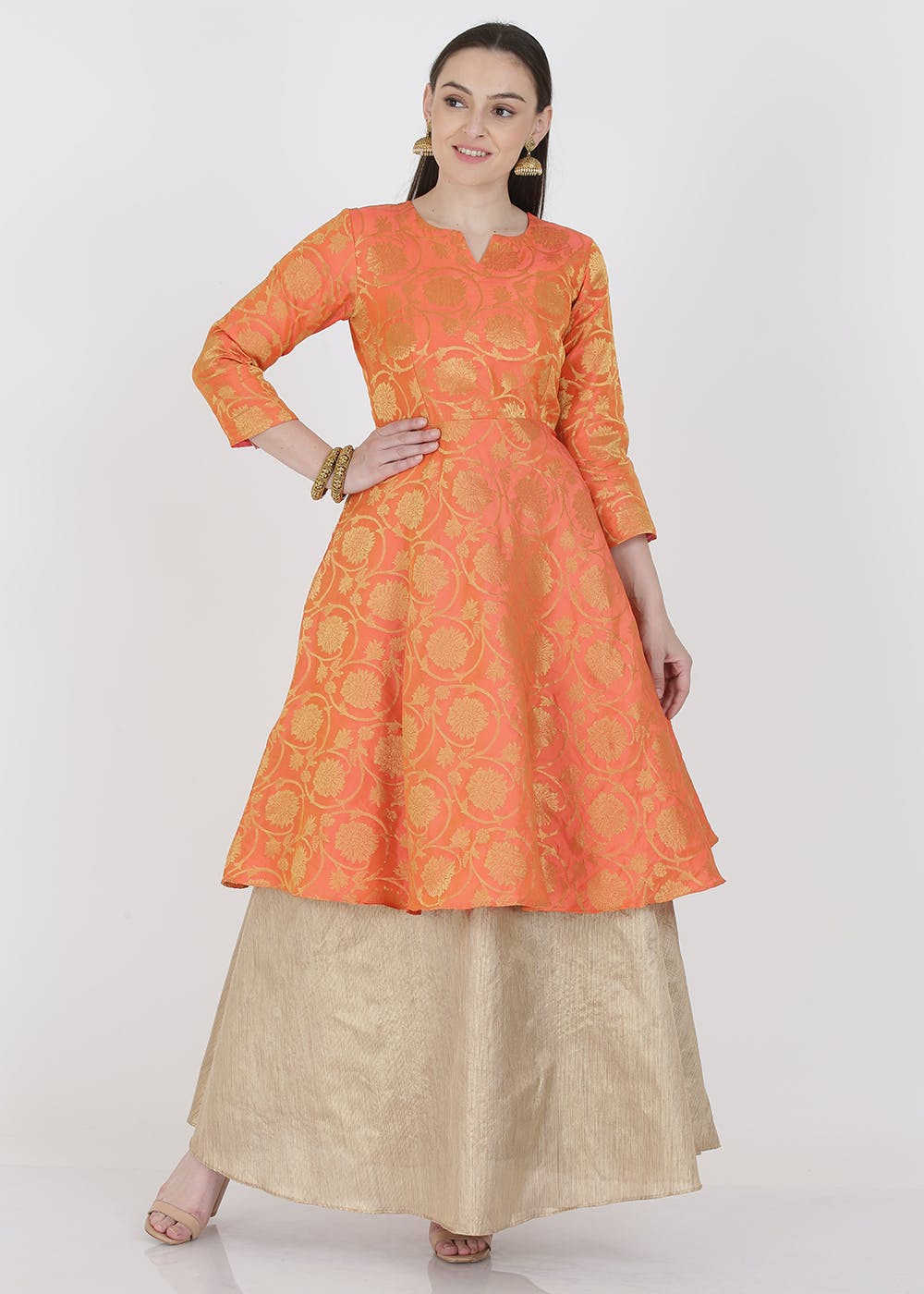 Orange Banarasi Silk Long Kurti With Fancy Sleeves, Perfect Ethnic Wear For  Women