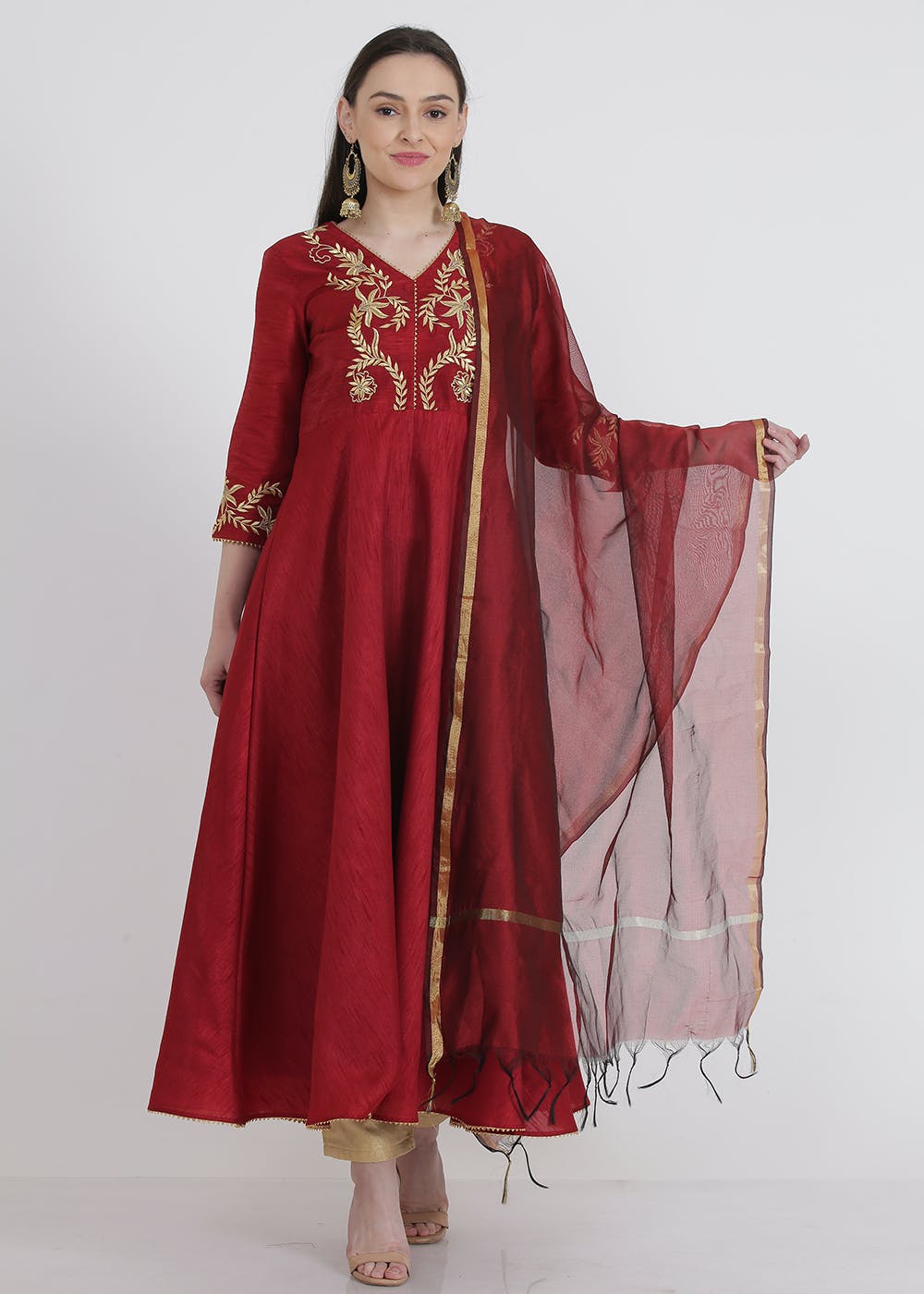 Maroon Embroidered Kurta And Pant With Dupatta