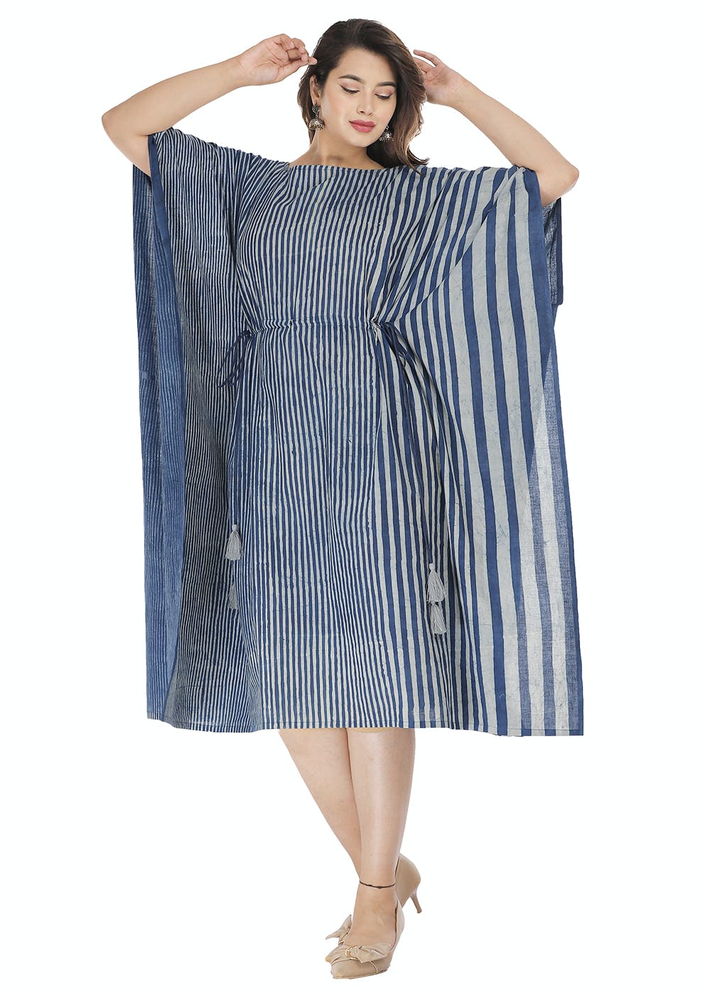 Blue - Sanganeri Printed Cotton Kaftan with Tie-Up Waist (Medium) main image 1
