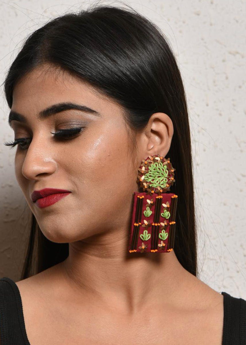 Red - Handcrafted Patwa Mirror & Threadwork Earrings