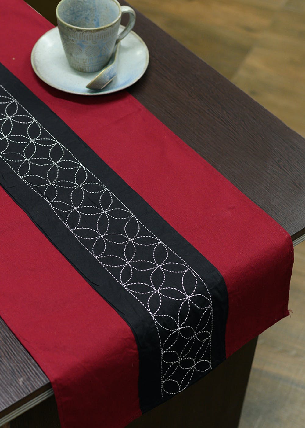 Get Maroon Black Cotton Kantha Embroidered Table Runner at ₹ 891 LBB Shop