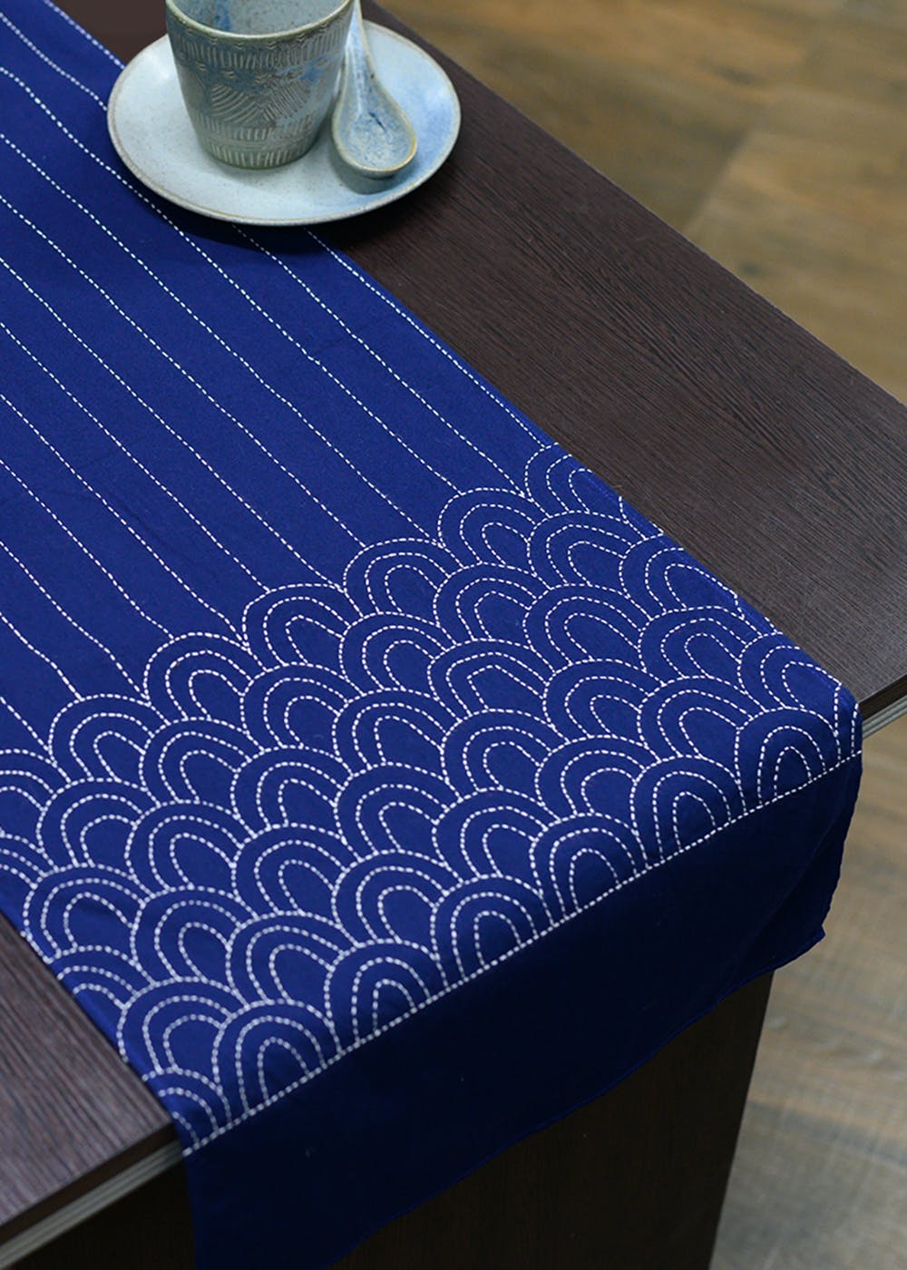 Get Navy Blue Cotton Kantha Embroidered Table Runner at ₹ 891 LBB Shop