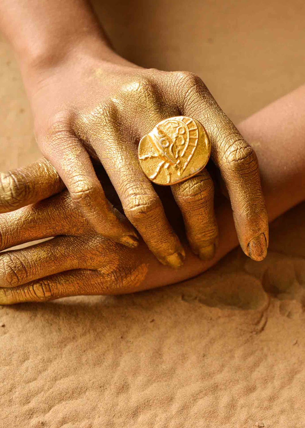 Tribal Engraved Big Gold Fossil Ring