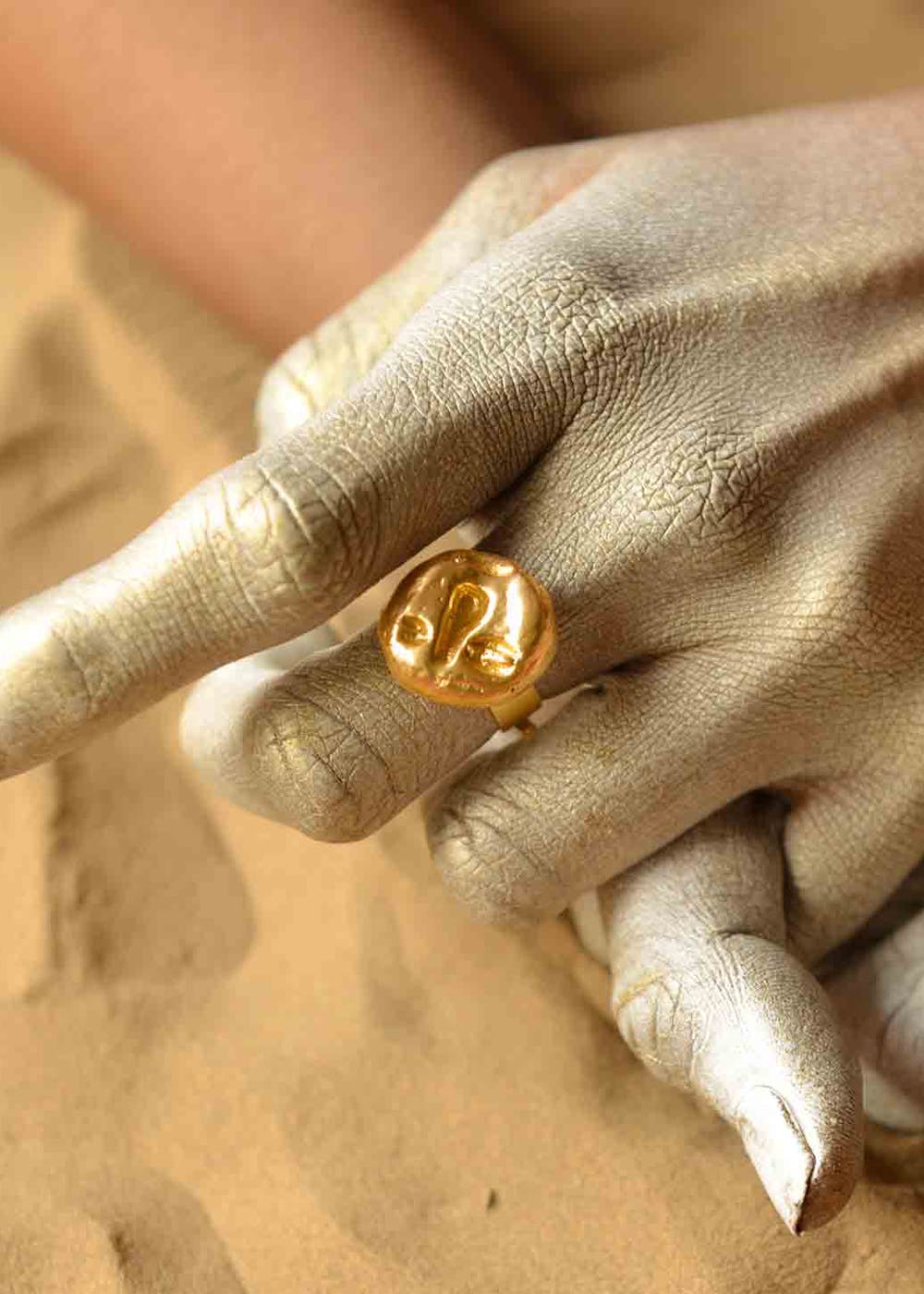 Engraved Gold Small Circular Fossil Ring