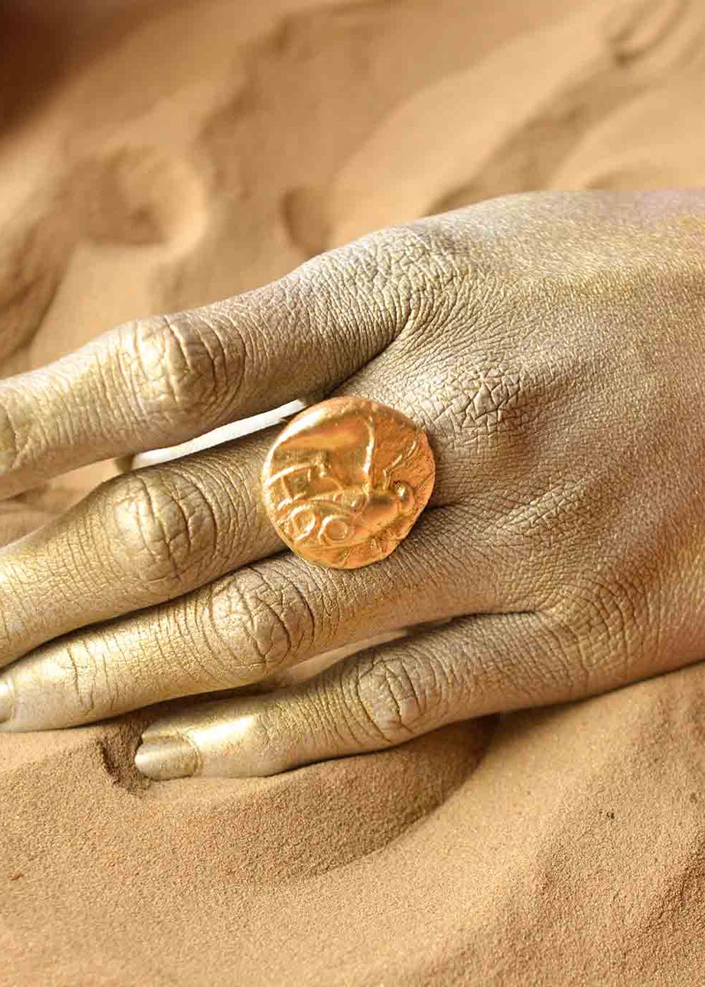 Insect Engraved Gold Circular Fossil Ring