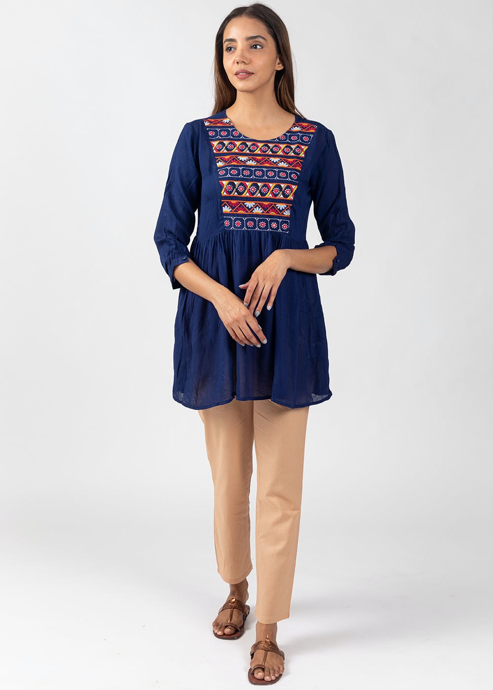 Yellow & Blue Floral Printed Kurti with Tie-Up Waist
