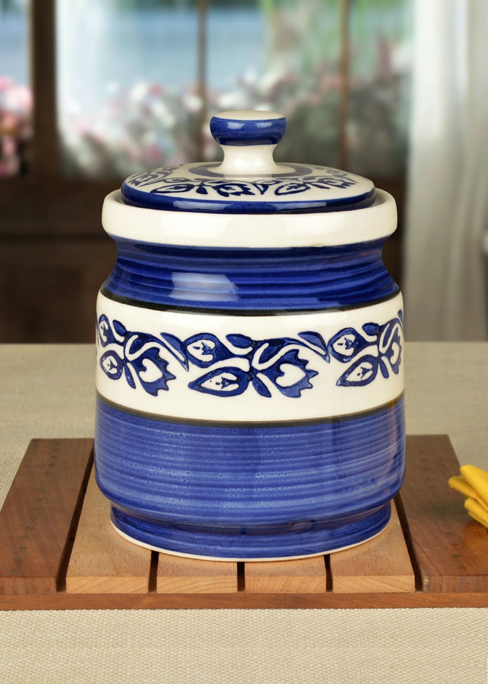 Get Blue Hand Painted Ceramic Round Jar at ₹ 635 LBB Shop