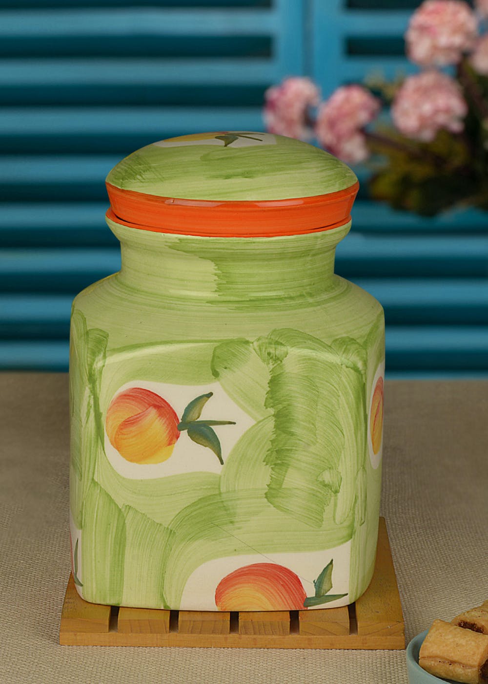 Get Green and Orange Hand Painted Ceramic Square Jar at ₹ 800 LBB Shop