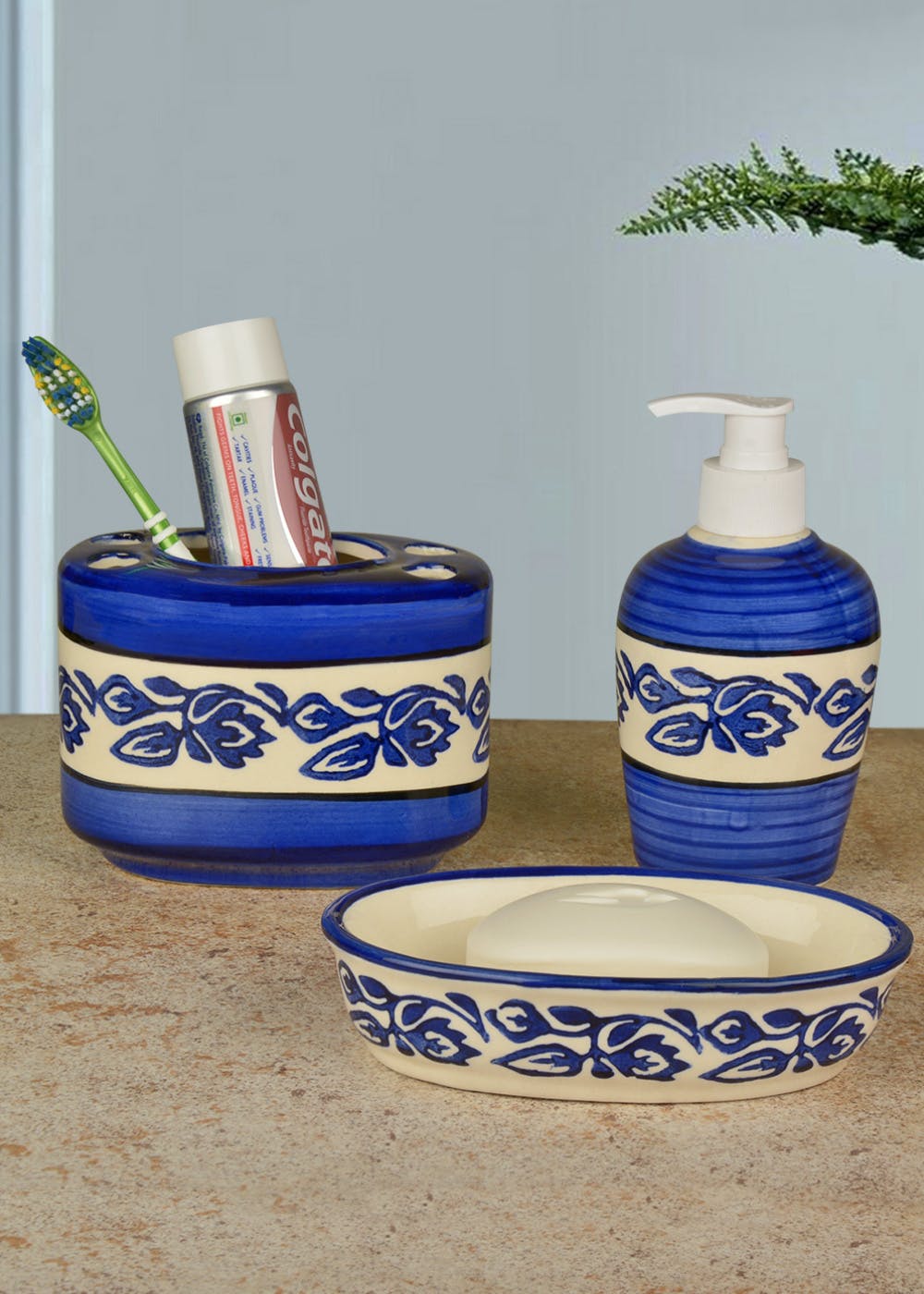 Get Handpainted Ceramic Bathroom Set Blue and White at ??? 950 LBB Shop
