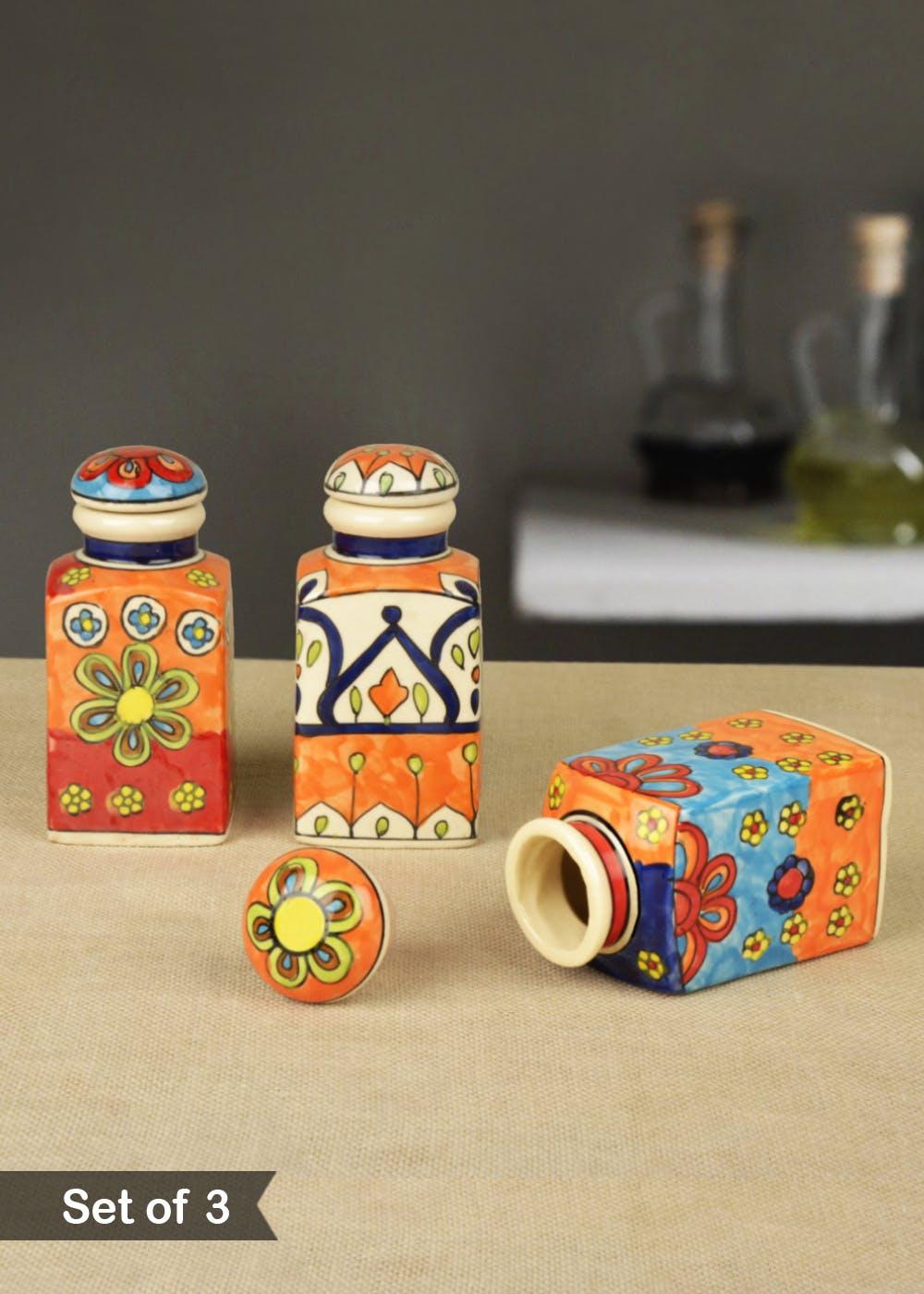 Get Hand Painted Ceramic Spice Jars with Air Tight Lid Set of 3 250 ml Each at ₹ 1210 LBB Shop