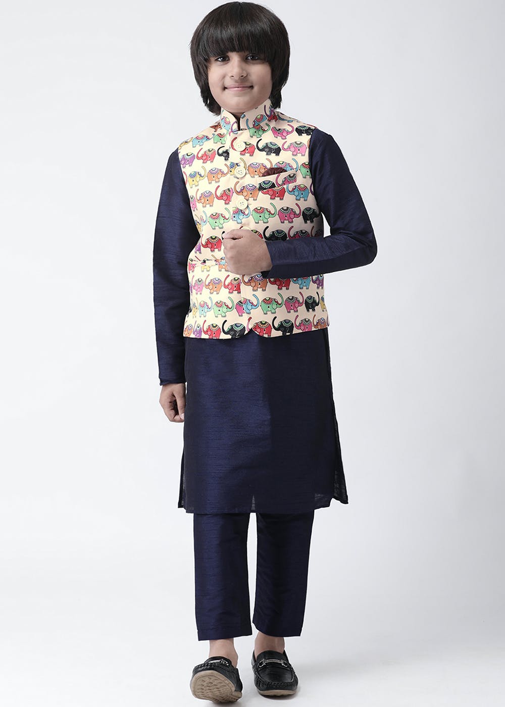 Get Navy Blended Kurta, Pyjama With Multi Ellie Printed Waistcoat Set ...