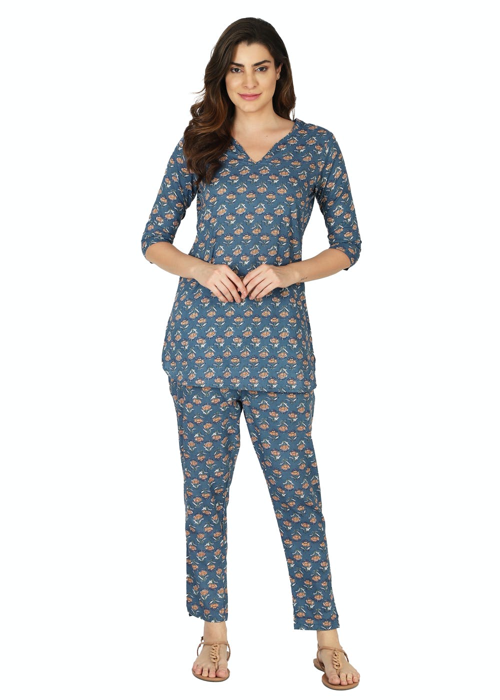 Floral Printed Blue Pyjamas Nightsuit Set