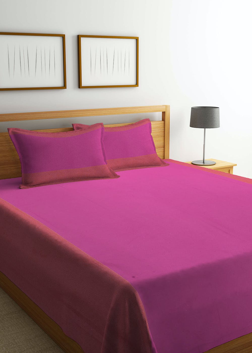 Pink Solid Cotton Double Bedcover With 2 Pillow Covers