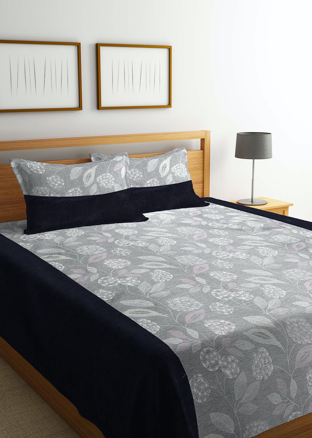 Get Grey Floral Cotton Double Bed Cover With 2 Pillow Covers at ₹ 2198