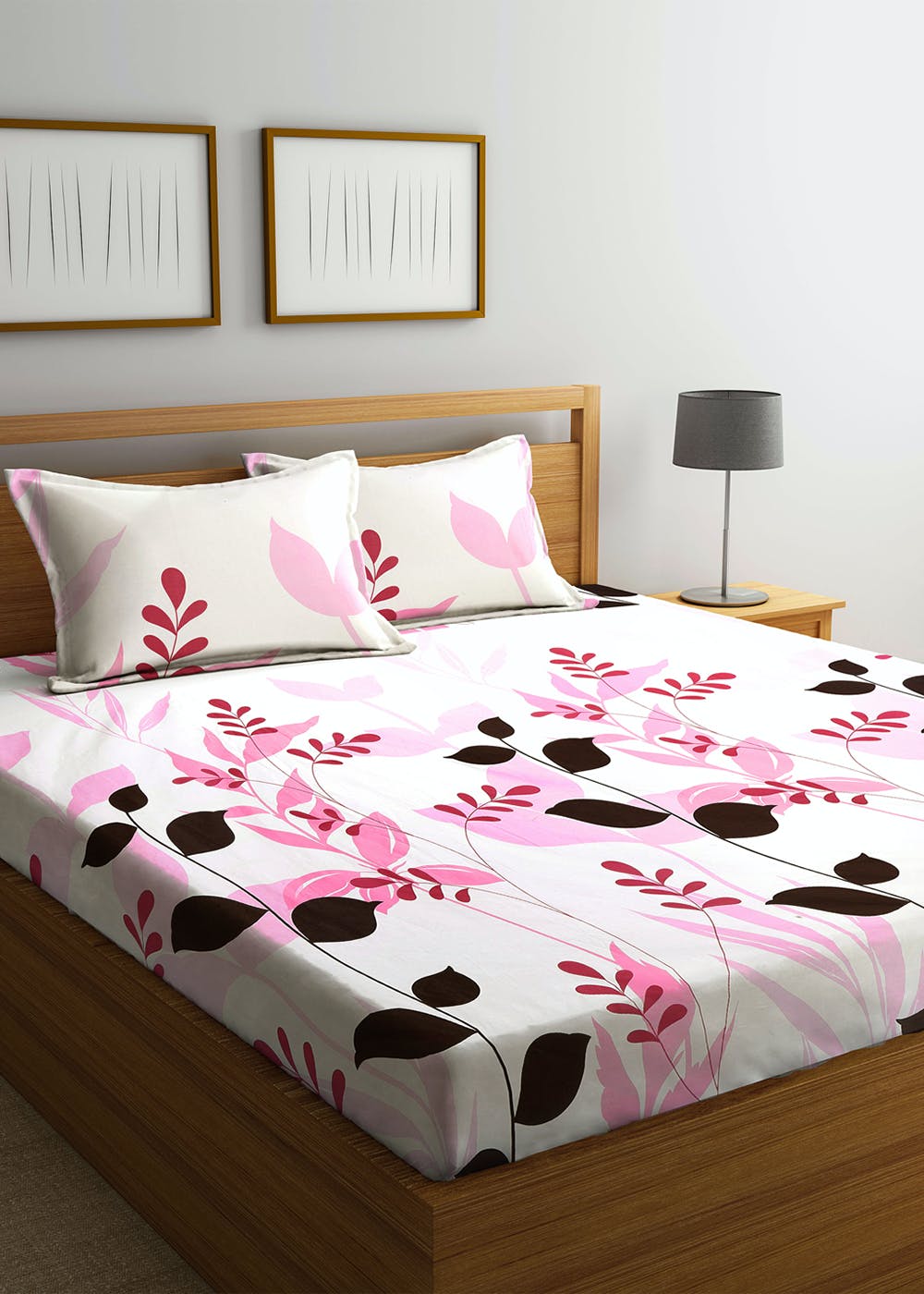 Pink Floral 100 % Pure Cotton White Double Bedsheet Set