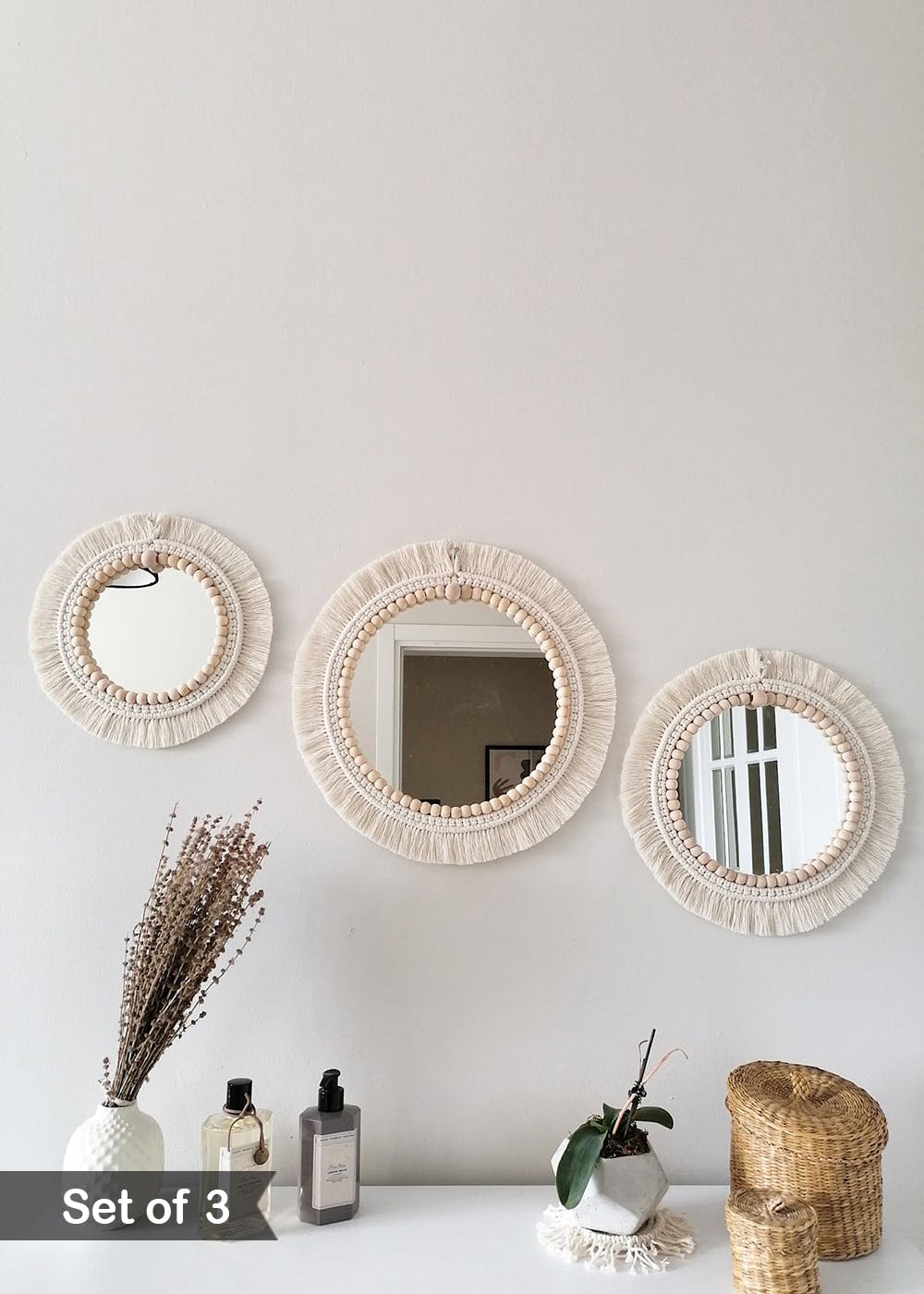 Handmade Knitted Decorative Wall Mirror - Off White - Set of 3