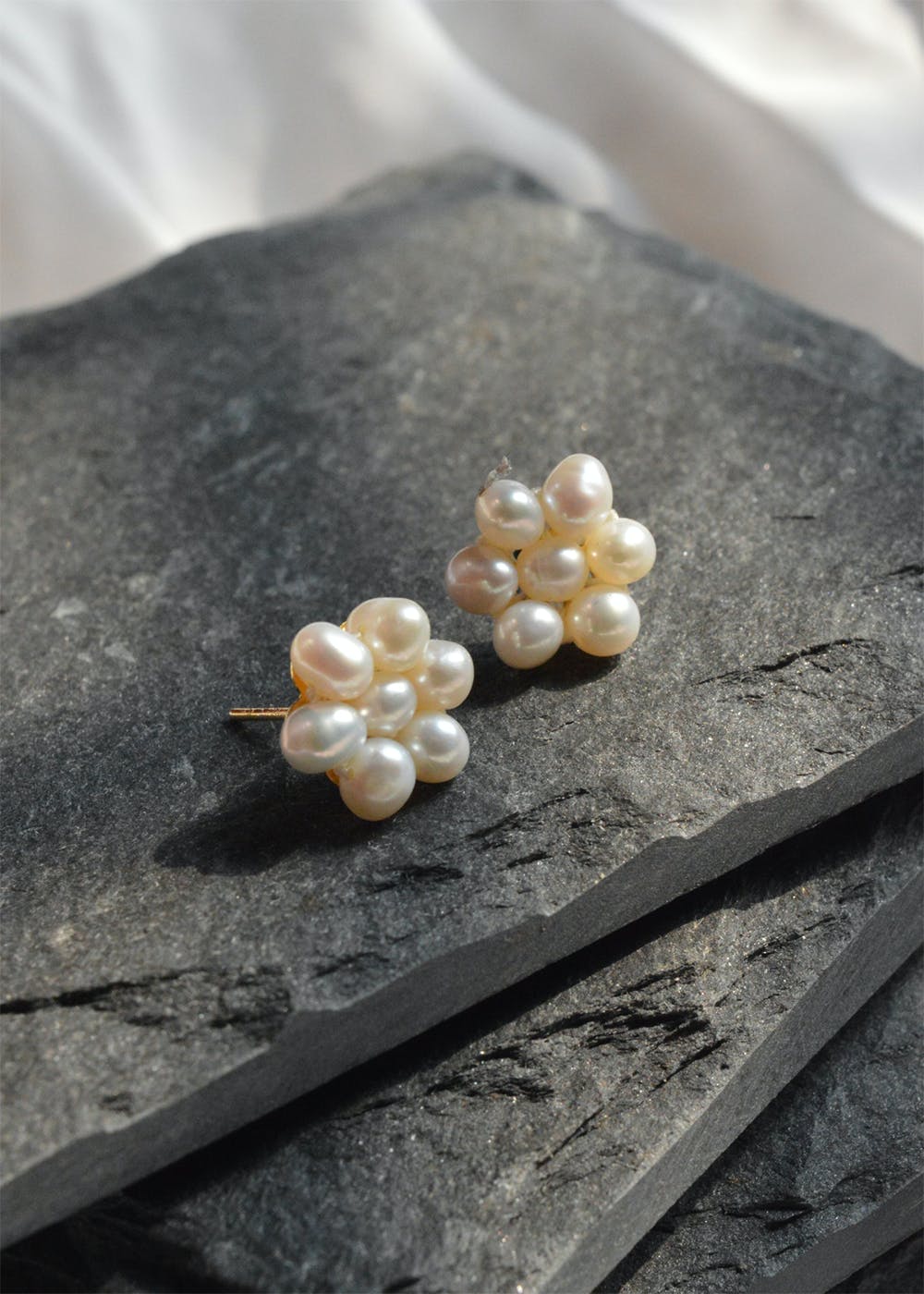 JORA 14K Gold Round White Freshwater Cultured Pearl Stud Earrings for Women