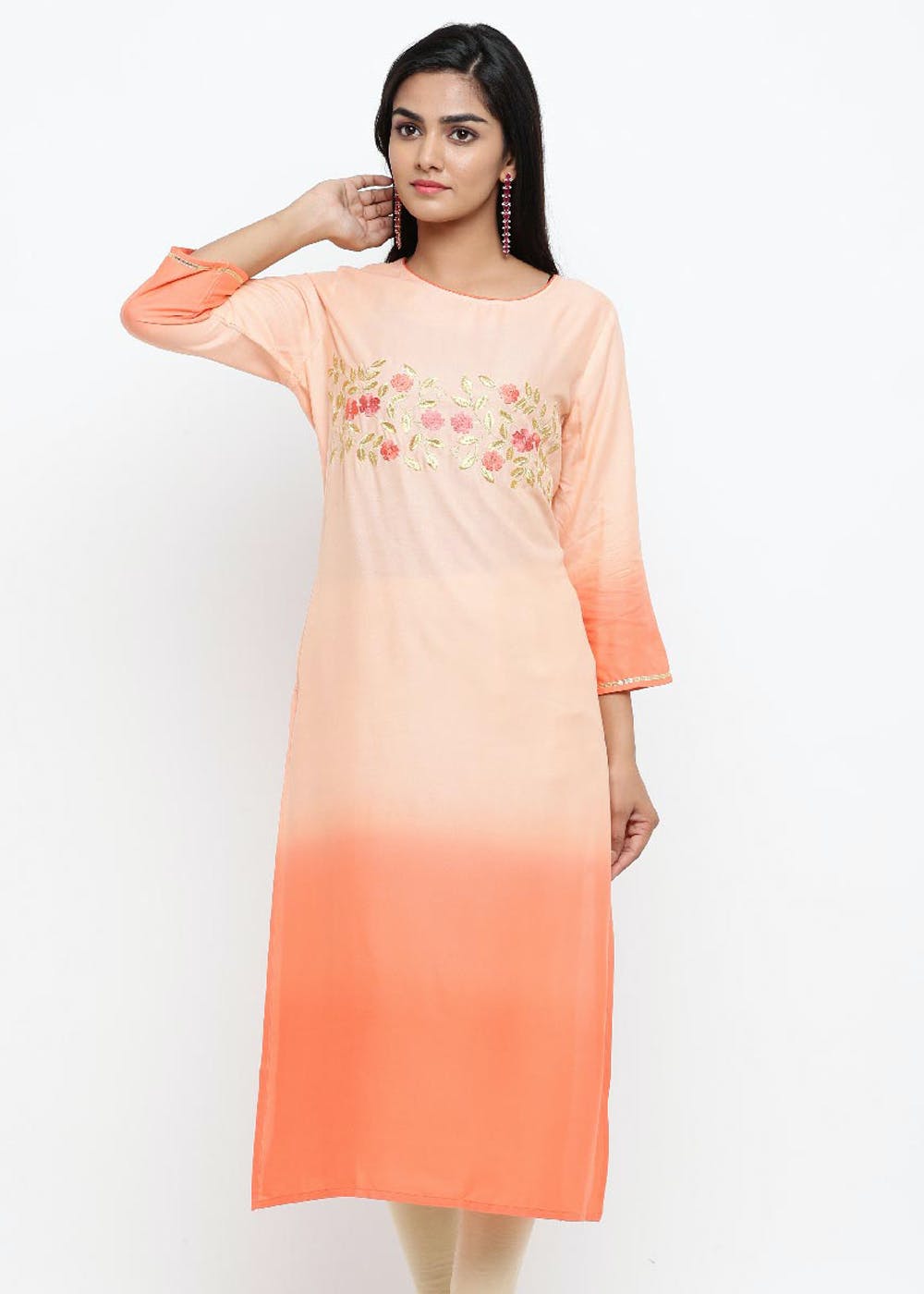 Women's Peach Floral Embroidered A-Line Kurta