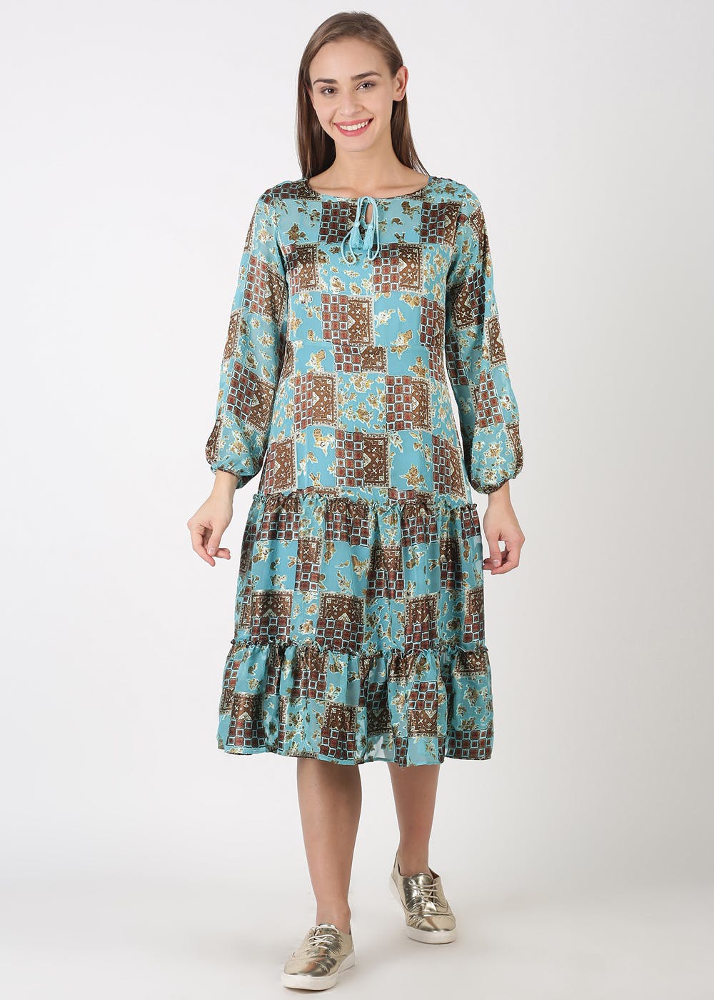 Two Tone Long Sleeve Midi Dress