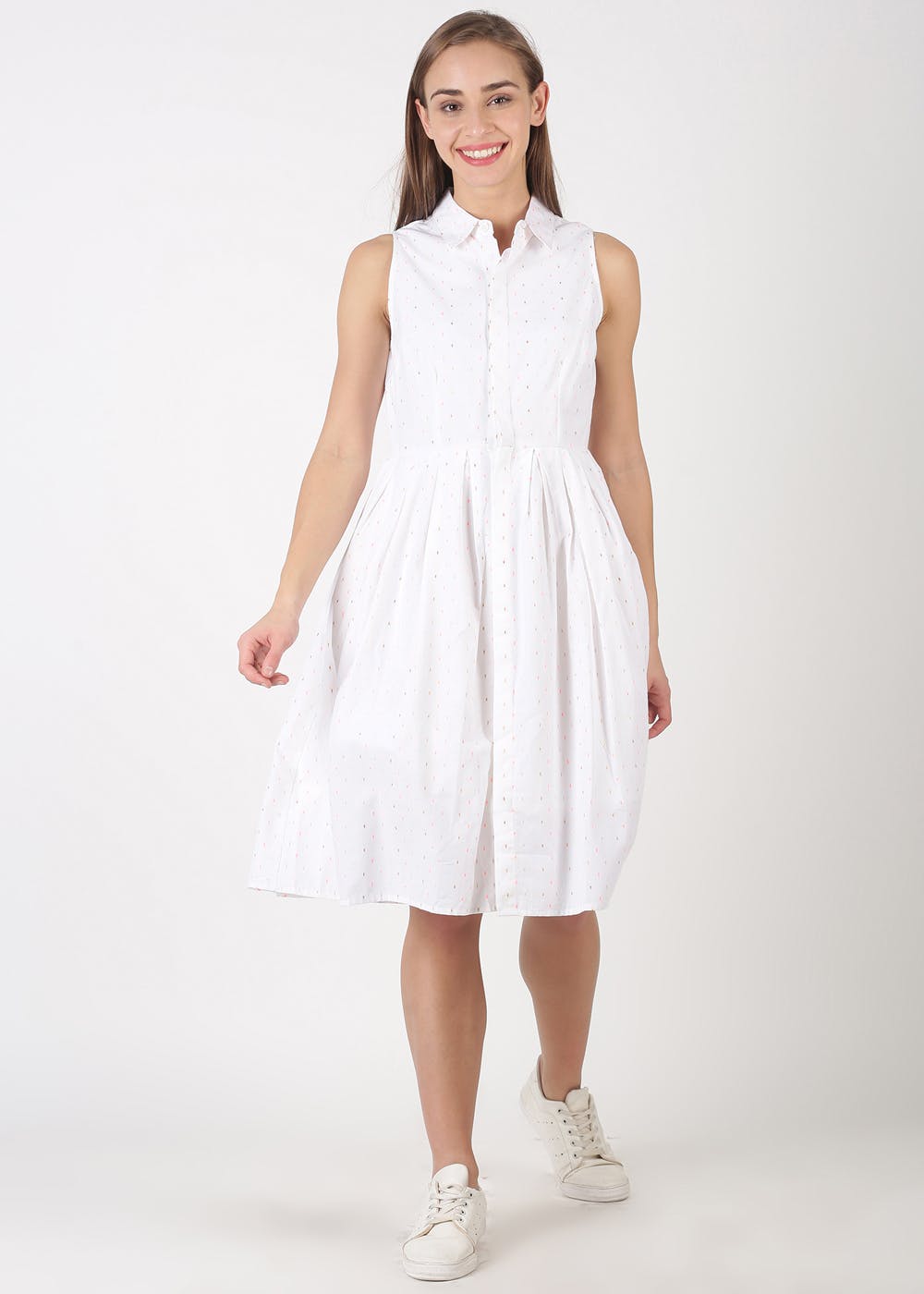 white sleeveless skater dress