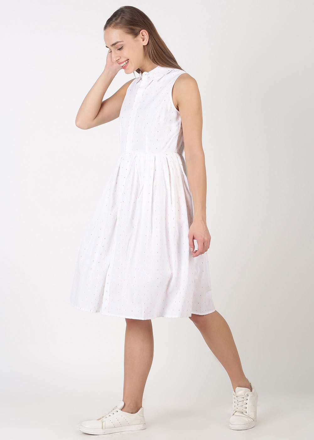 white sleeveless skater dress