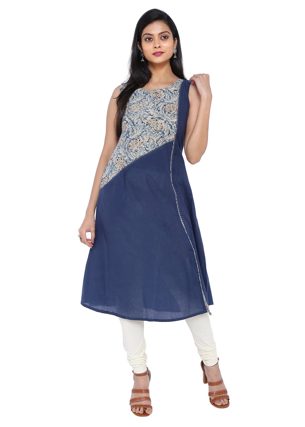 Blue - Printed Cotton A-Line Kalamkari Kurta with Embroidery 06