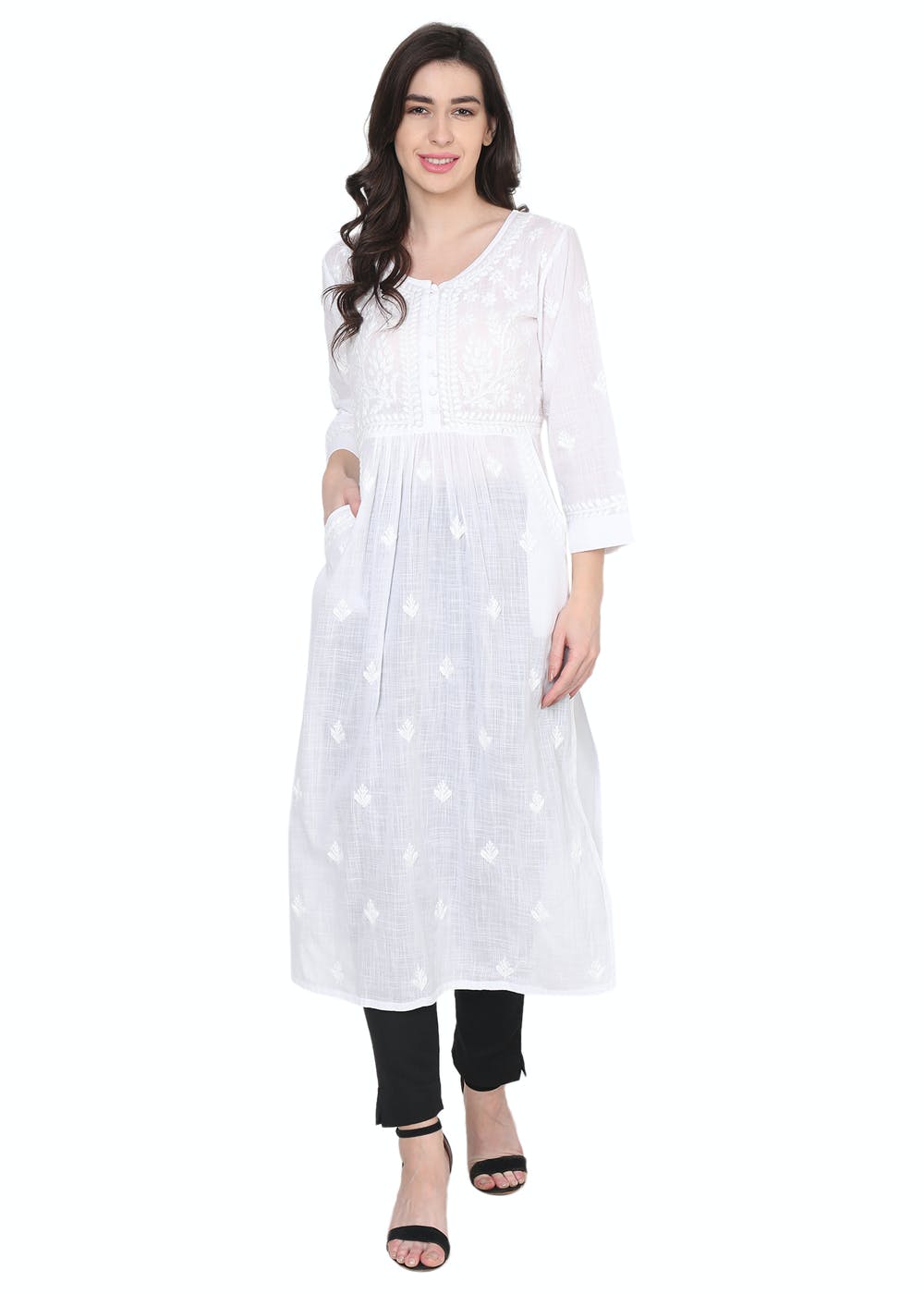White Rayon Embroidered A-Line Short Length Short Kurta
