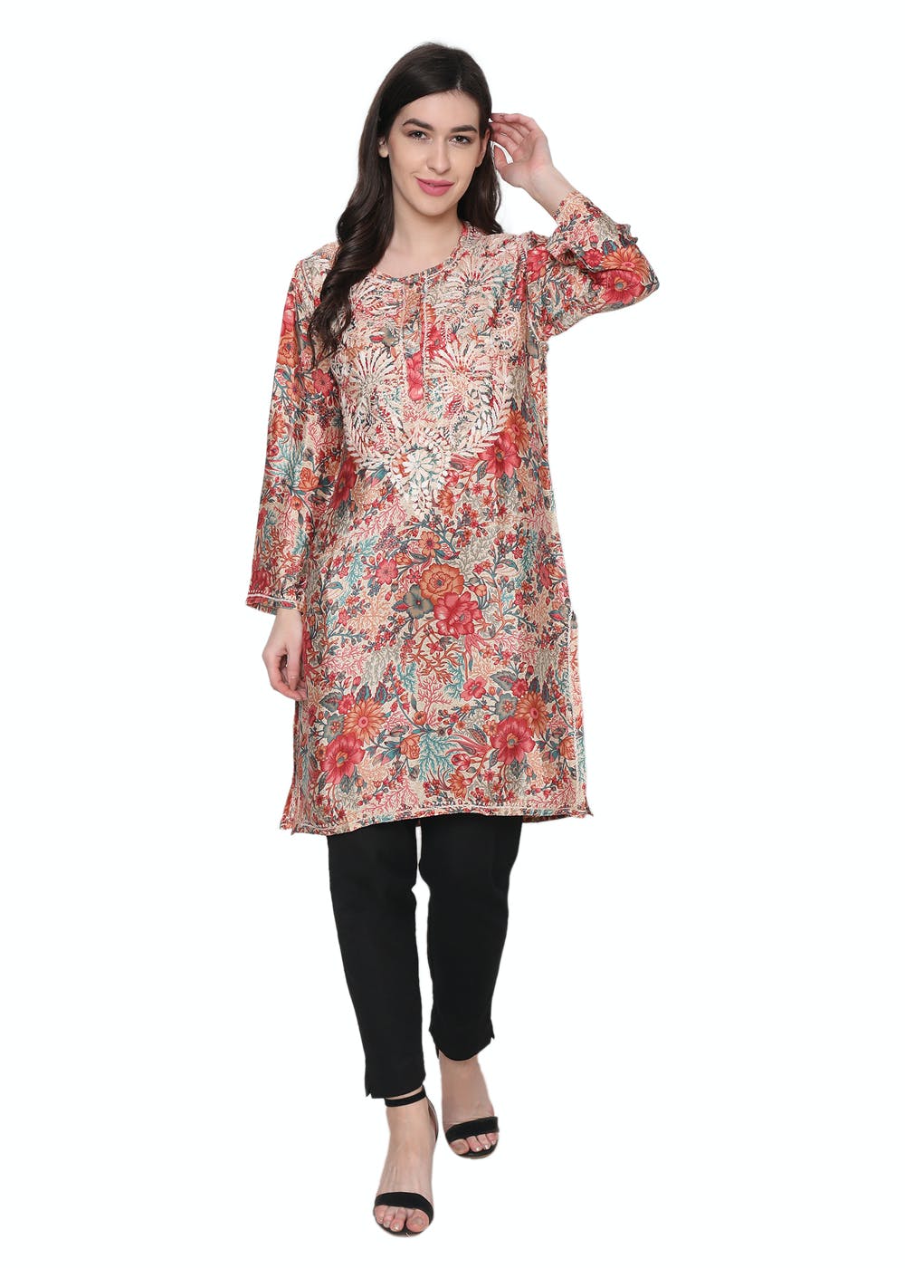 Contrast Embroidery Detail Jaal Floral Printed Kurta
