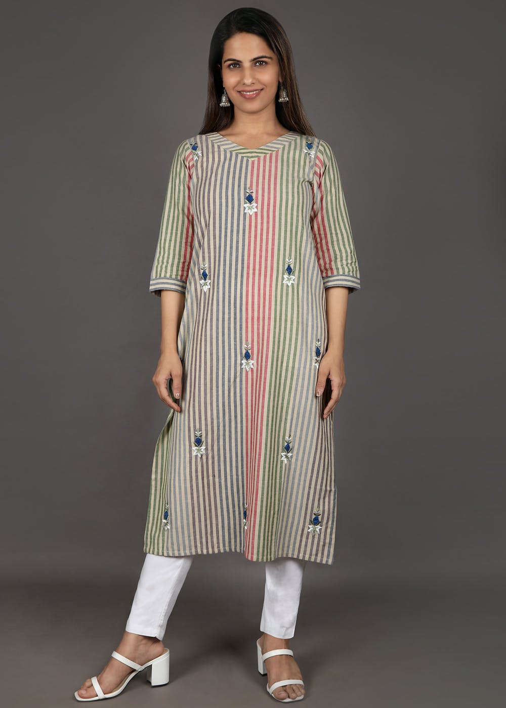 Get Floral Embroidered Pastel Striped Handloom Kurta at ₹ 1750 | LBB Shop